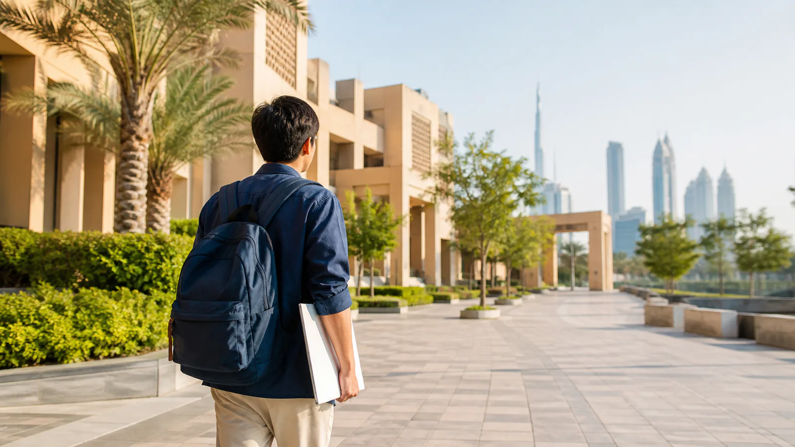 International student walking toward a modern Dubai university campus with a document folder