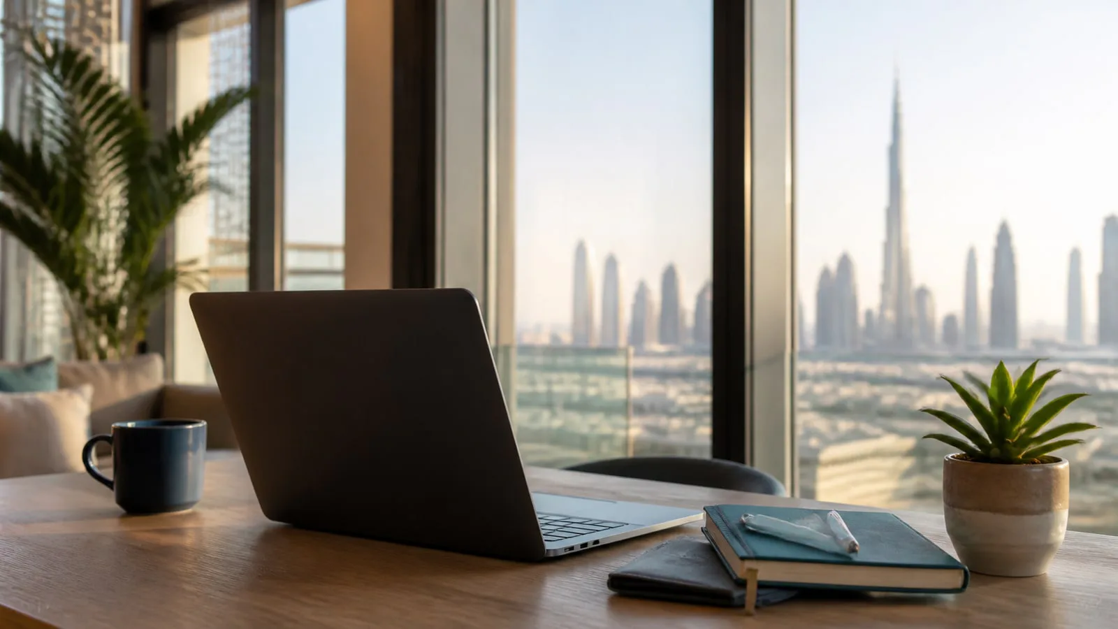 Laptop at a Dubai workspace overlooking the city skyline for a virtual work visa guide