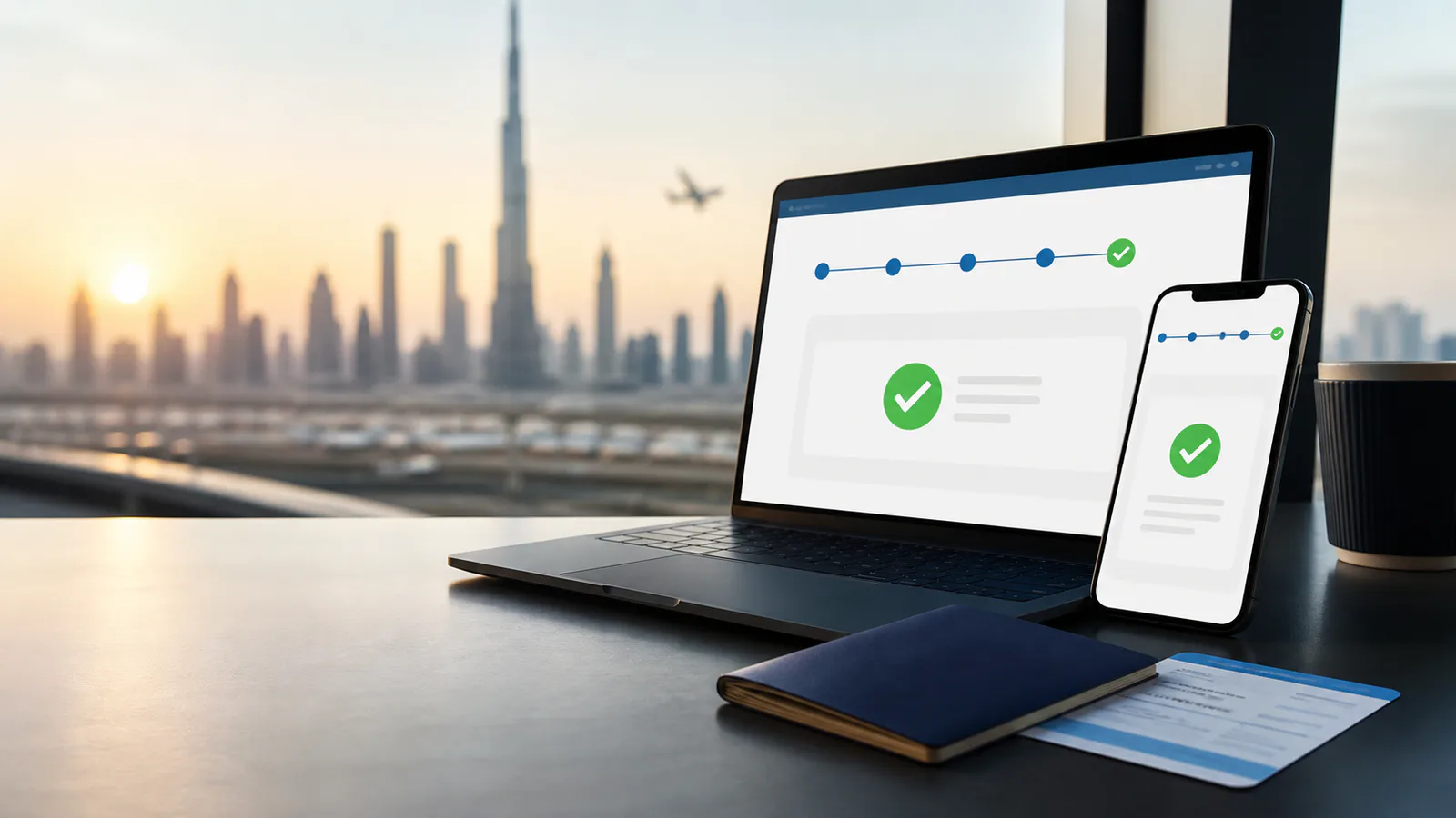 Ordinateur et téléphone affichant une progression de demande générique devant la silhouette de Dubaï