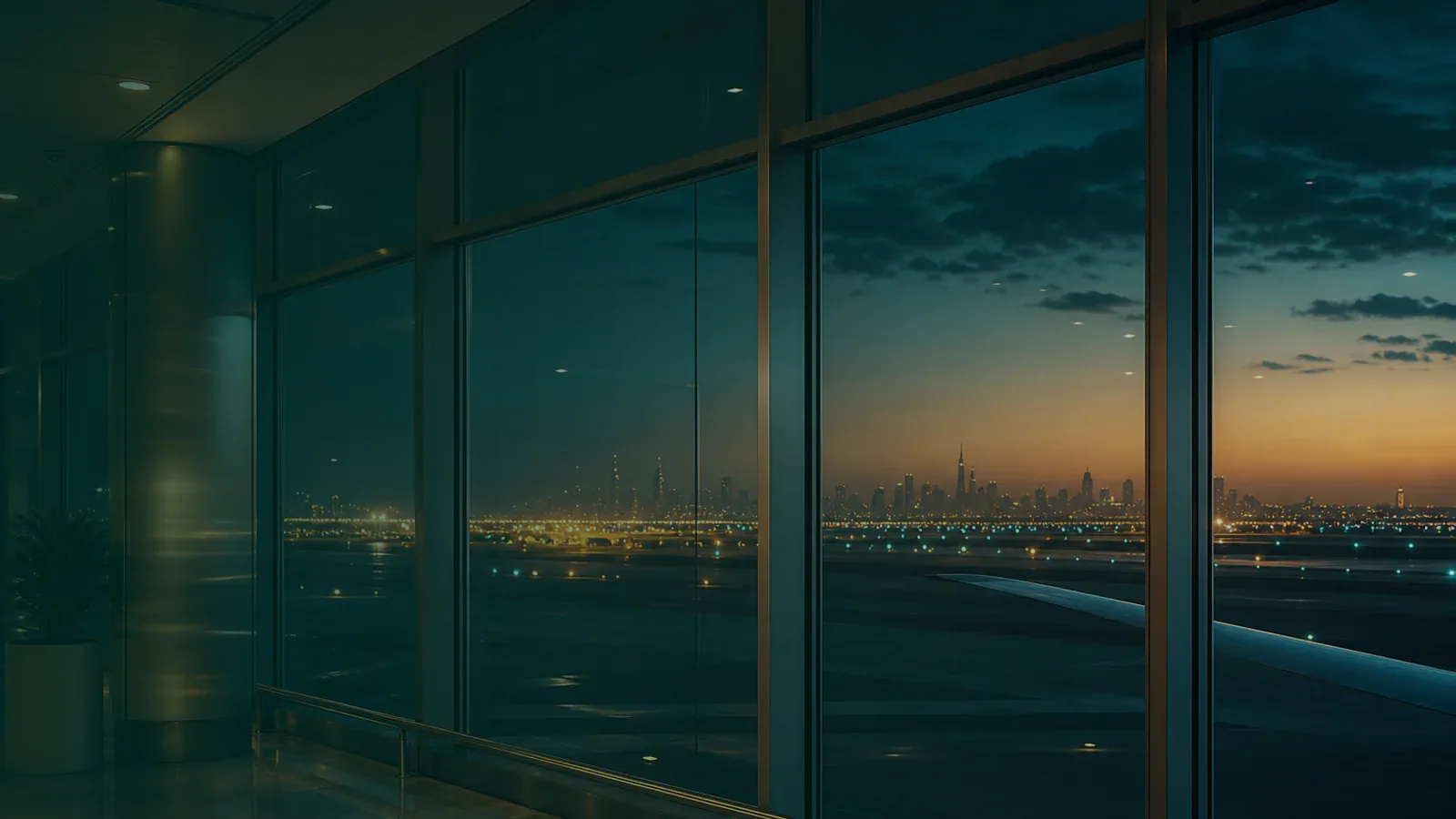 Dubai airport terminal at dusk for a guide comparing 48-hour and 96-hour UAE transit visas