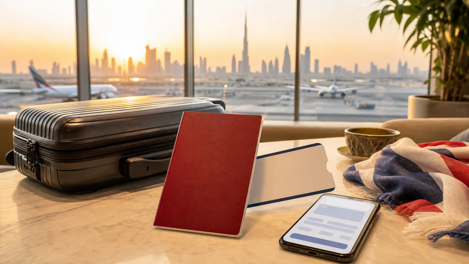 Red travel document, boarding card and luggage in a Dubai airport lounge