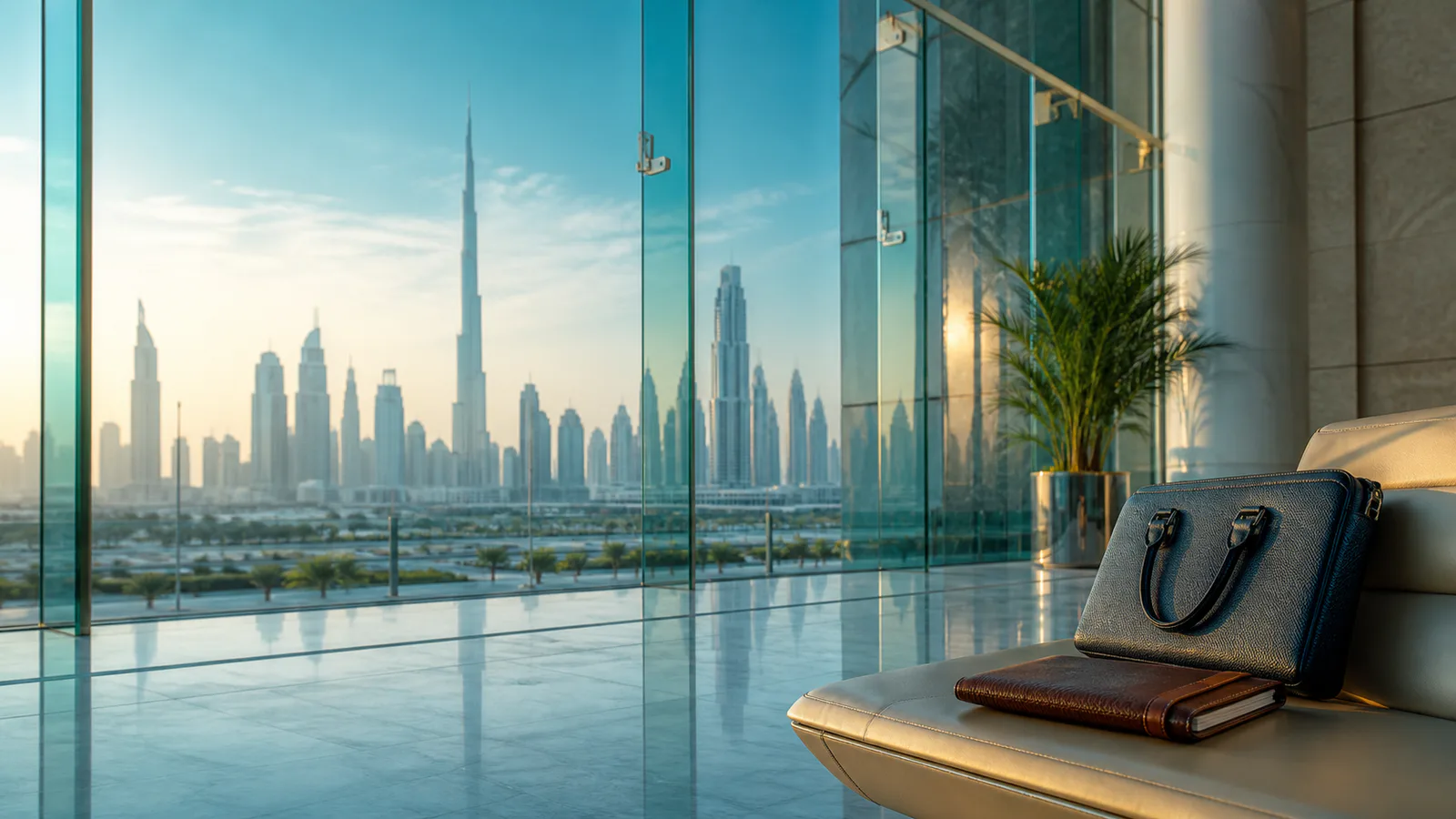 Hall d'affaires moderne à Dubaï avec mallette et skyline pour un guide du visa de recherche d'emploi