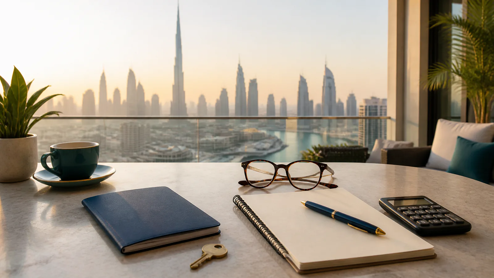 Planungsbuch, Hausschlüssel, Brille und Skyline von Dubai für einen Leitfaden zum Ruhestandsvisum