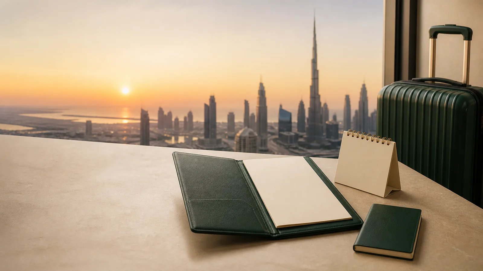 Redaktionelle Szene mit neutraler Reisemappe, Koffer und der Skyline von Dubai zur Veranschaulichung der Planung einer Visumstornierung.