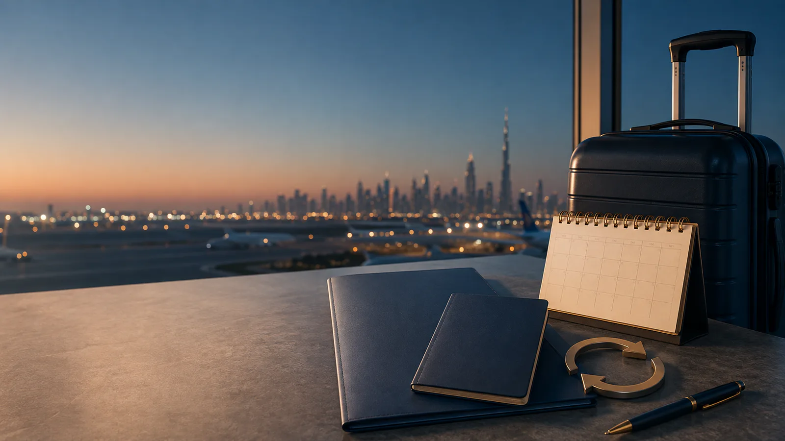 Dossier de voyage, calendrier et flèches de prolongation devant la silhouette urbaine de Dubaï